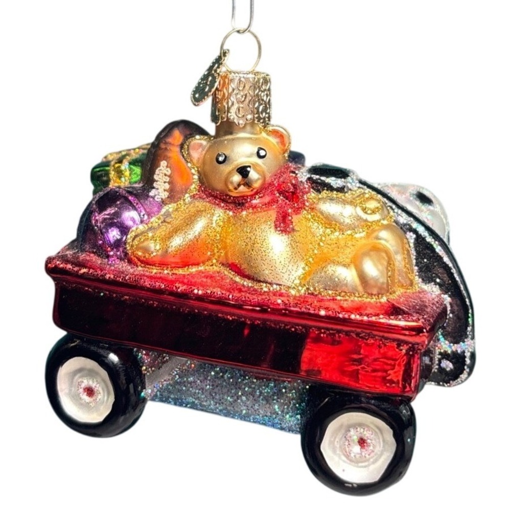 Old World Christmas Ornament‎ Red Wagon Teddy Bear Gifts Glass 3.5 Inch 12111